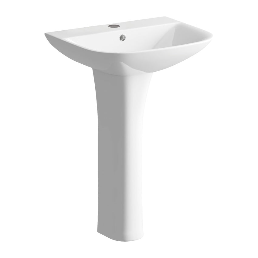 Portland 560x450mm single-thief basin with full pedestal from The Bathroom Collection, showcasing a modern bathroom sink setup.